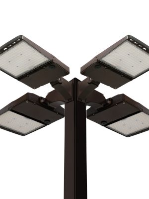 Light Pole Kit with Four LED Area Lights, Selectable Wattage 150/200/240/300 & Color Temperature, 20-30 Foot Pole Height Options