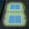 LED Lighting System for Pickleball Court.  Four Light Poles and Four LED Lights with Sports Optics