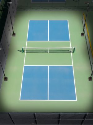 LED Lighting System for Pickleball Court.  Four Light Poles and Four LED Lights with Sports Optics