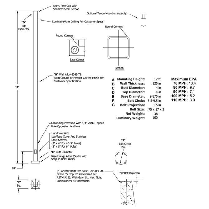12a4ss125__02431.1622629998.jpg 12 Foot Square Straight Aluminum Light Pole, 4 Inch Wide, 0.125 Inch Wall Thickness