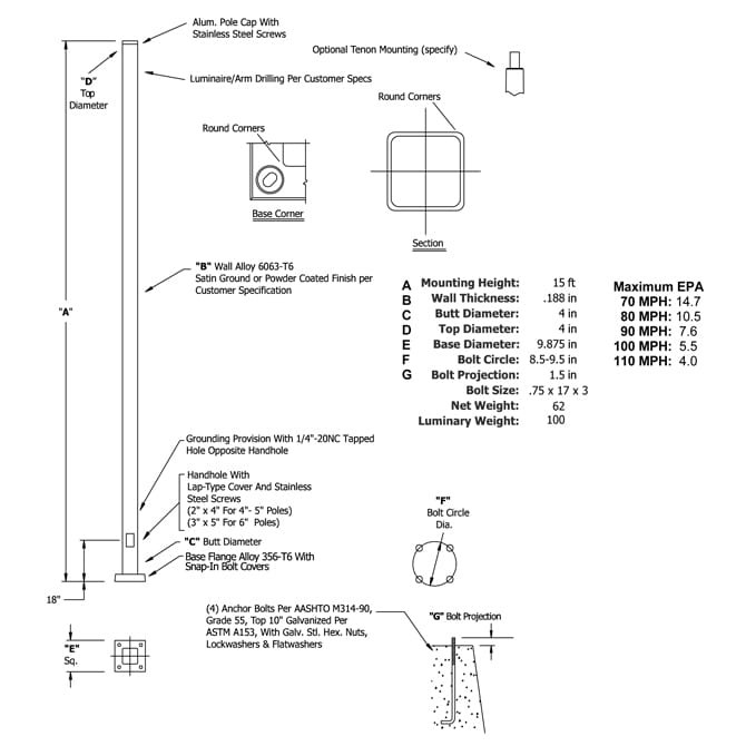 15 Foot Square Straight Aluminum Light Pole, 4 Inch Wide, 0.188 Inch Wall Thickness