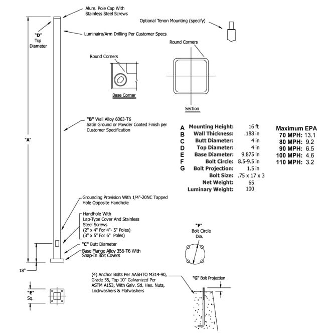 16a4ss188__37783.1622630831.jpg 16 Foot Square Straight Aluminum Light Pole, 4 Inch Wide, 0.188 Inch Wall Thickness