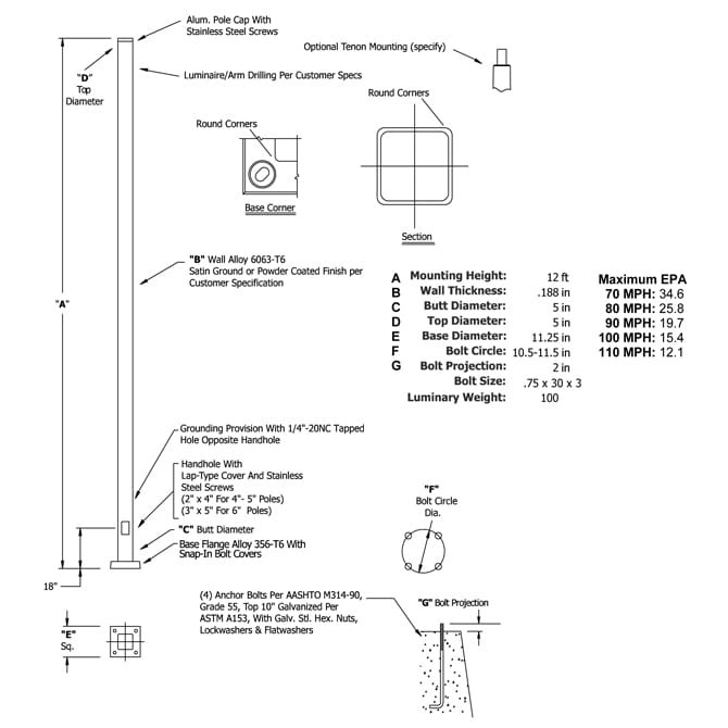 12a5ss188__40189.1622631513.jpg 12 Foot Square Straight Aluminum Light Pole, 5 Inch Wide, 0.188 Inch Wall Thickness