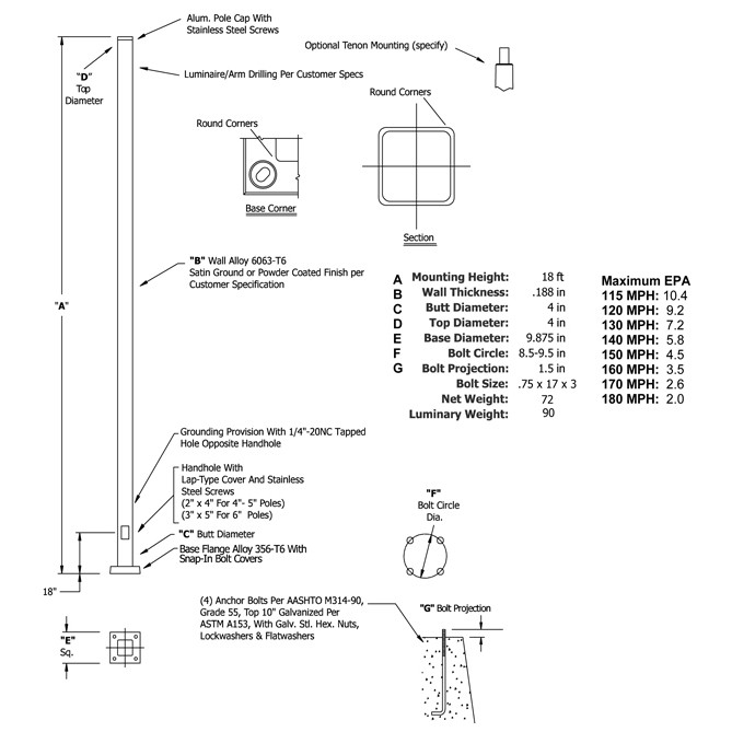 18 Foot Hurricane Resistant Square Aluminum Pole, 4 Inch Wide, 0.188 Inch Wall Thickness