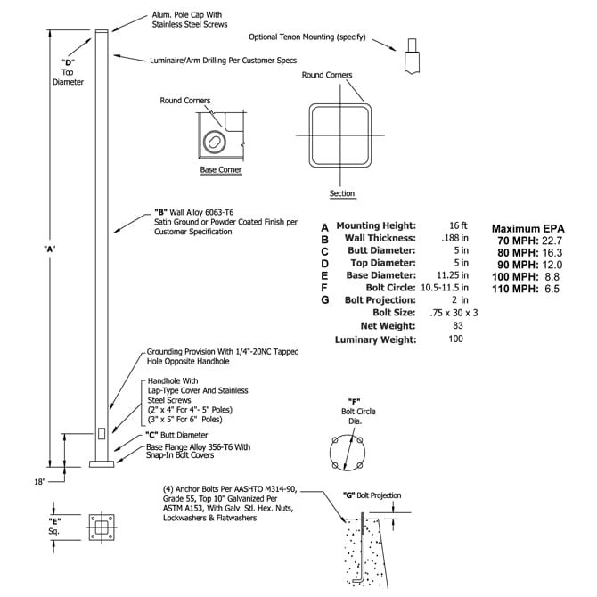 16 Foot Square Straight Aluminum Light Pole, 5 Inch Wide, 0.188 Inch Wall Thickness