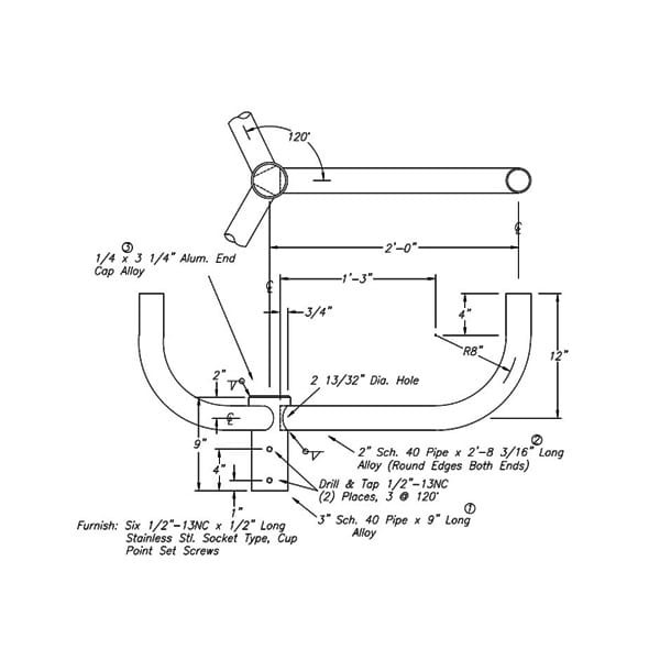 a10064-dimensional__85478.1622630559.jpg Aluminum Bullhorn with 3 Arms at 120 Degrees