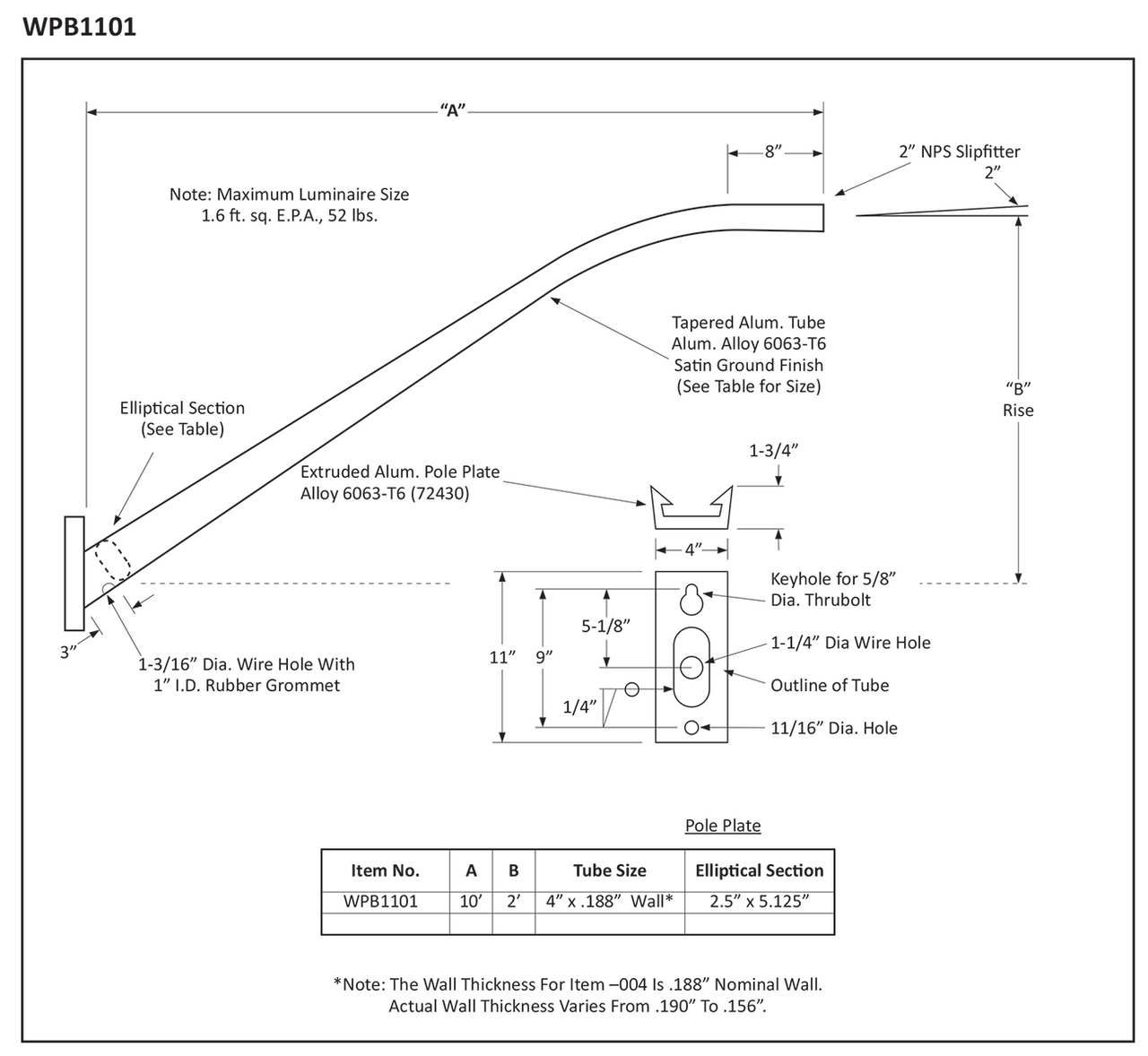 wpb1101-Dimensional-Gallery__37254.1622619190.png 10 Foot Elliptical Bracket for Wood Poles, 2 Inch Diameter Aluminum Pipe