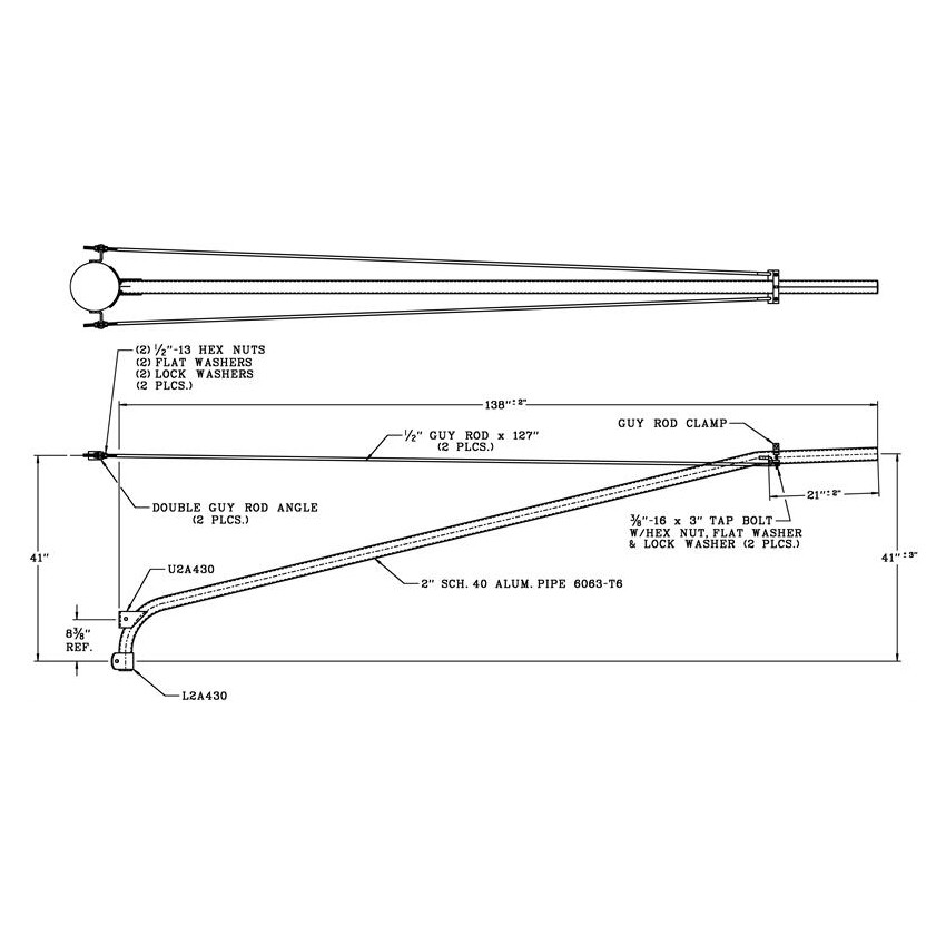 wpb1050dr__84943.1622622440.jpg 12 Foot Double Tie-Rod Wood Pole Bracket, 2 Inch Diameter Aluminum Pipe